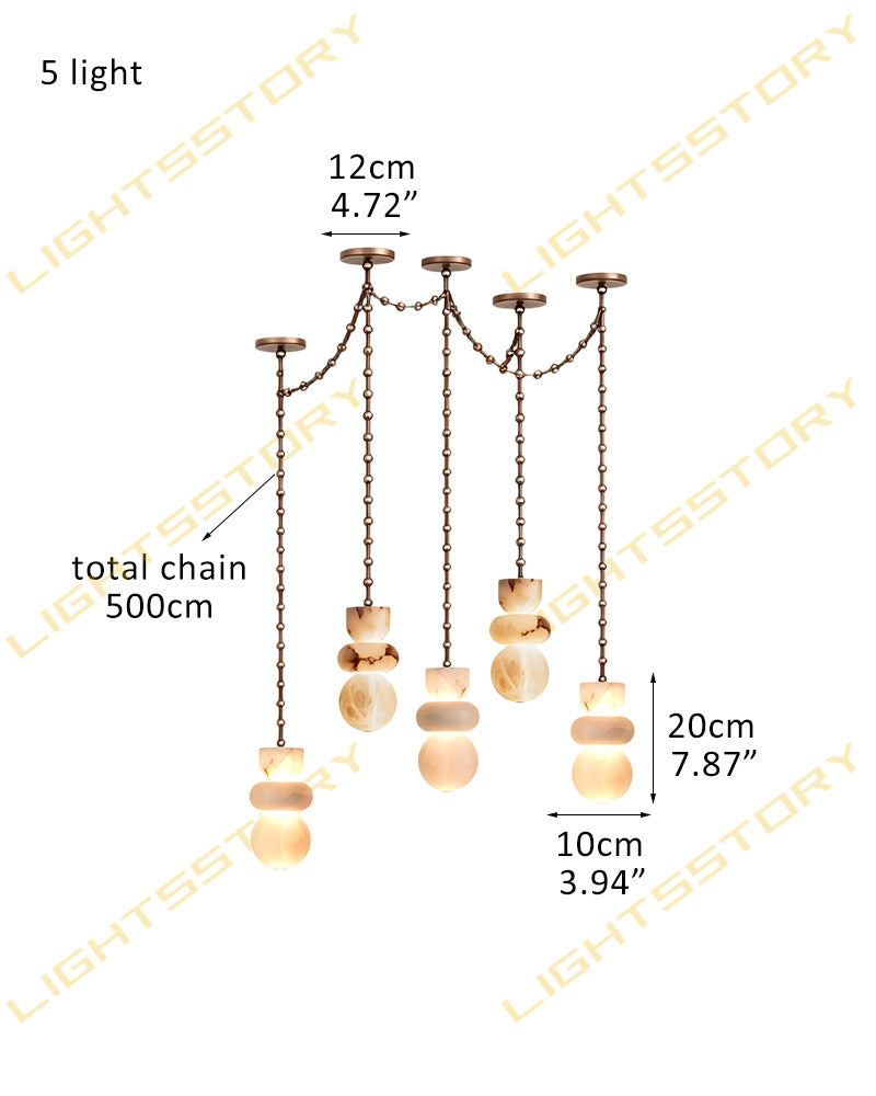 Alabaster Stacked Organic Shape Totem Rope Chain Cascading Pendant Light - Natural Spanish Alabaster Shapes, Custom, Serene Black Finishes - Kitchens, Dining & Living Rooms