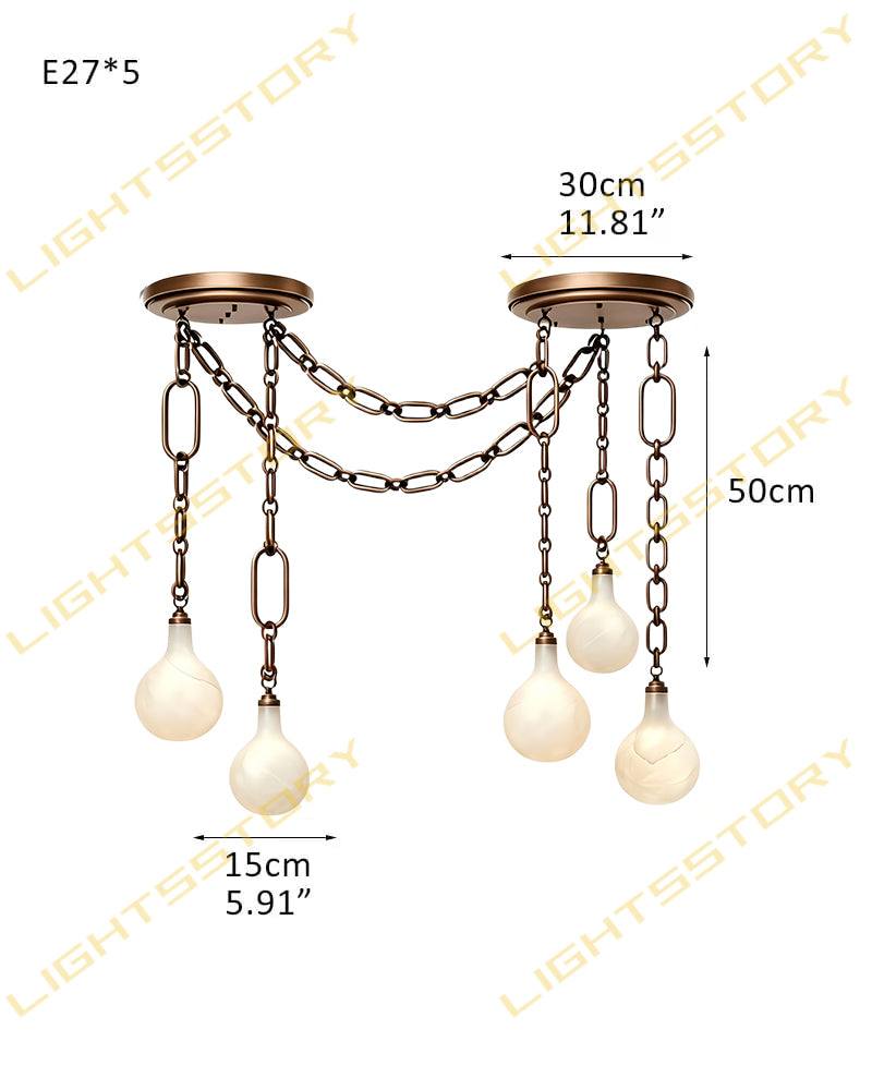 Alabaster Teardrop Orb Chain Draped Dual Canopy Cluster Pendant Light - Natural Spanish Alabaster, Custom, Matte Chrome Finishes - Kitchens, Dining & Living Rooms