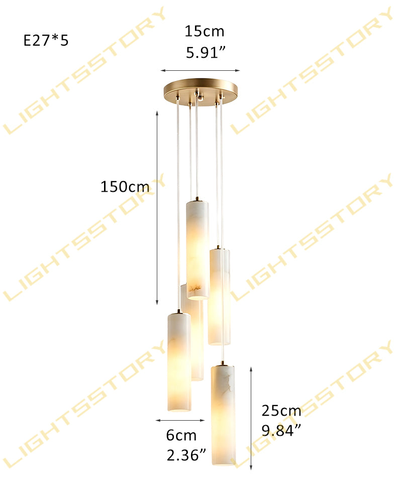 Alabaster Cylinder Rod Cluster Pendant Light - Natural Spanish Alabaster Rods, Serene Black Trim - Kitchens, Dining & Living Rooms