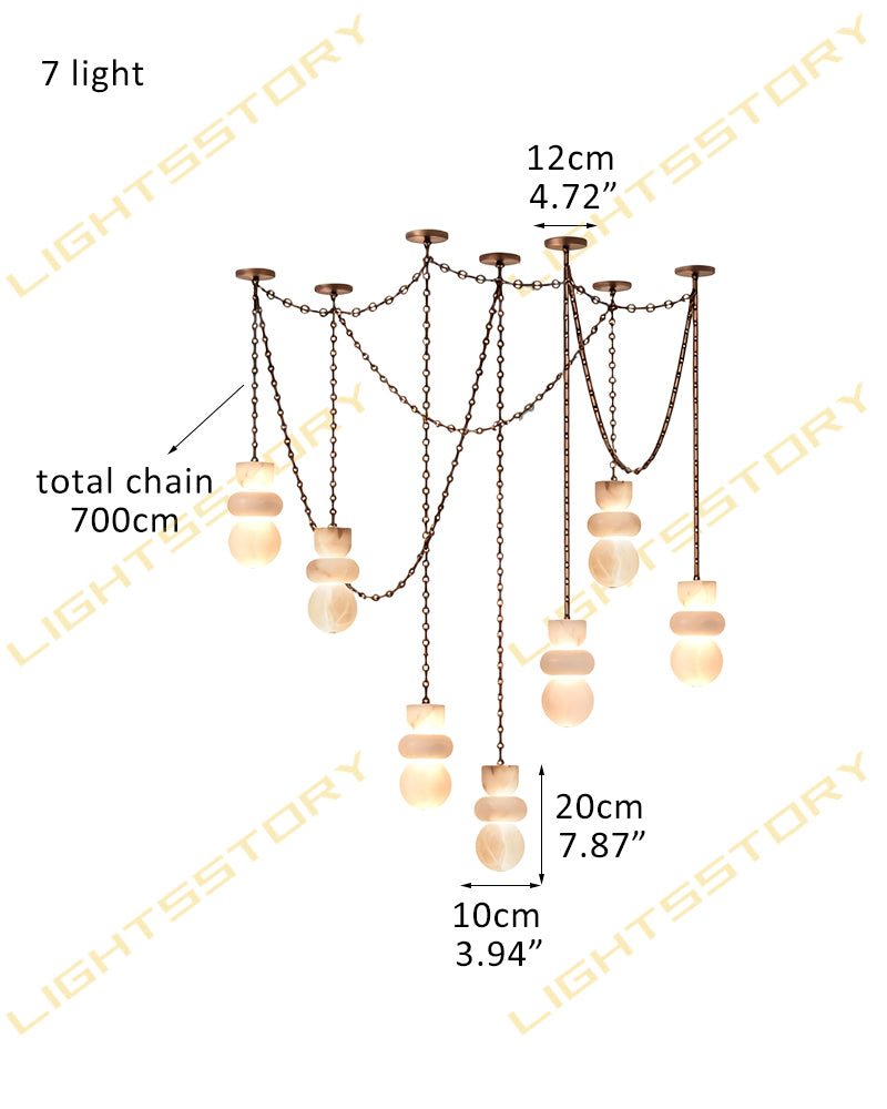 Alabaster Stacked Organic Shape Totem Rope Chain Cascading Pendant Light - Natural Spanish Alabaster Shapes, Custom, Serene Black Finishes - Kitchens, Dining & Living Rooms