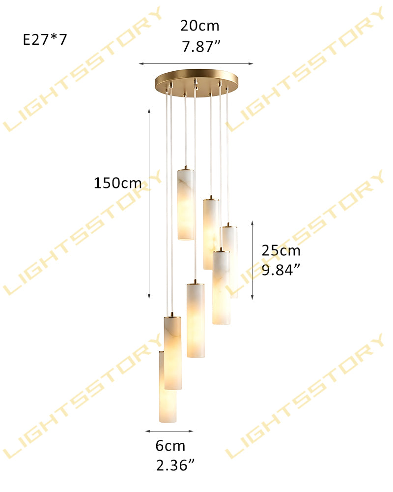 Alabaster Cylinder Rod Cluster Pendant Light - Natural Spanish Alabaster Rods, Serene Black Trim - Kitchens, Dining & Living Rooms