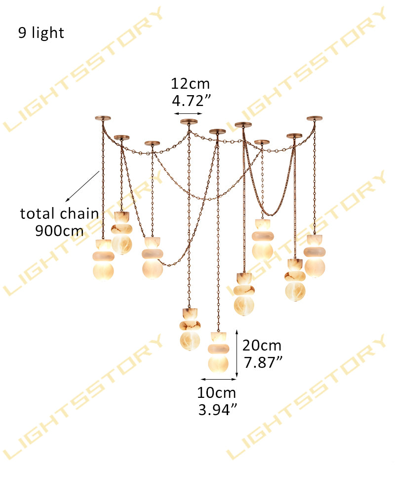 Alabaster Stacked Organic Shape Totem Rope Chain Cascading Pendant Light - Natural Spanish Alabaster Shapes, Custom, Serene Black Finishes - Kitchens, Dining & Living Rooms