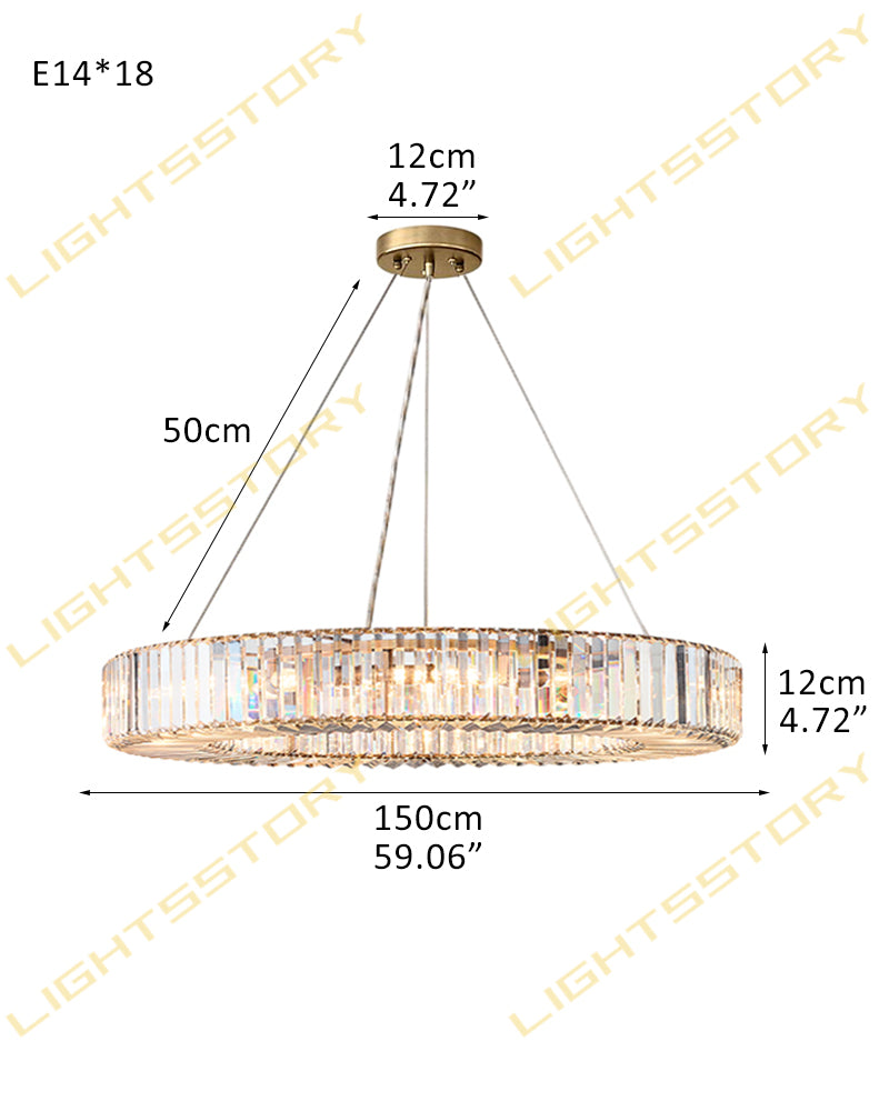 Cassis K9 Crystal Fluted Prism Halo Ring Chandelier - Artisanal K9 Crystal, Lux Gold Trim - Living Rooms, Bedrooms, Dining Rooms
