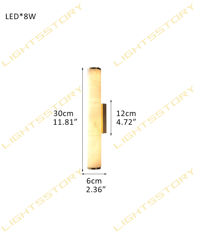 LED Copper Cylindrical Natural Marble Alabaster Wall Sconce Lamp,H30/40/50/60CM D6*H30CM D2.36*H11.81" White + Brass Flush Mounted Wall Sconce Lamp