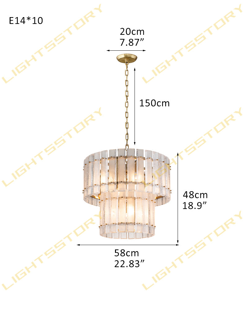 Solstice Aura Ghiaccio Glass Double Tier Drum Chandelier - Lux Gold Trim - Foyers, Dining Rooms & Living Rooms