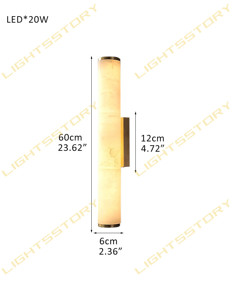 LED Copper Cylindrical Natural Marble Alabaster Wall Sconce Lamp,H30/40/50/60CM D6*H60CM D2.36*H23.62" White + Brass Flush Mounted Wall Sconce Lamp