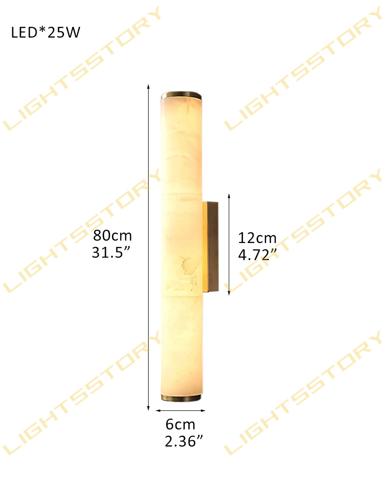 LED Copper Cylindrical Natural Marble Alabaster Wall Sconce Lamp,H30/40/50/60CM D6*H80CM D2.36*H31.5" White + Brass Flush Mounted Wall Sconce Lamp