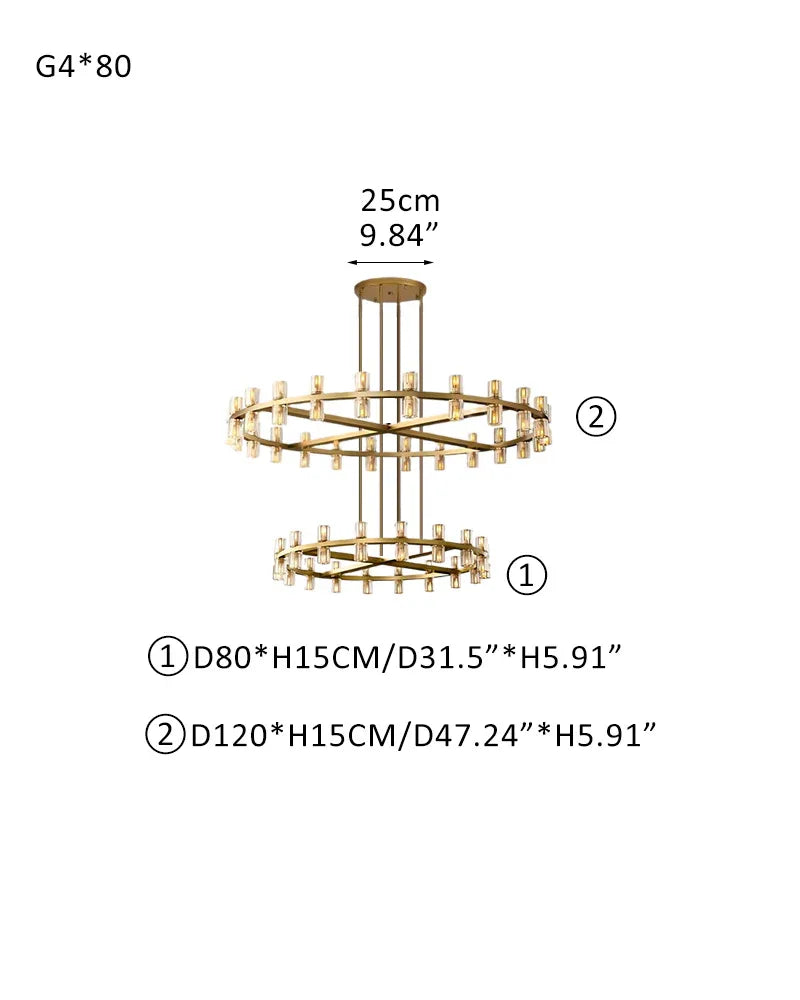 Lacquered Brass/Black Wagon Wheel Arcachon Round Crystal 2 Tier Chandelier For Foyer Entrance 80-light-D80+D120 D31.5"+D47.24" Brass American chandelier