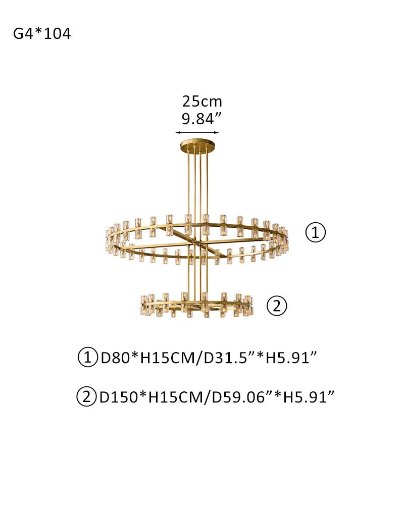 Lacquered Brass/Black Wagon Wheel Arcachon Round Crystal 2 Tier Chandelier For Foyer Entrance 104-light-D80+D150 D31.5"+D59.06" Brass American chandelier