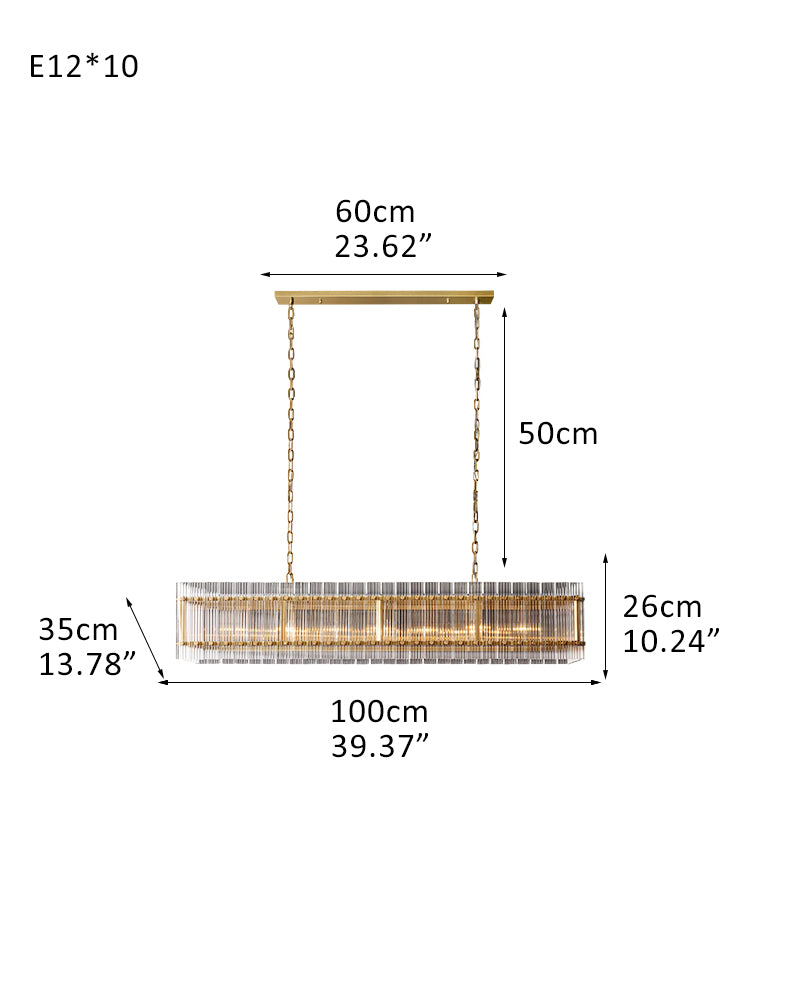 San Marco Rectangular Ribbed Glass Chandelier 40" 60" 72" in Antiqued Brass/Black Steel