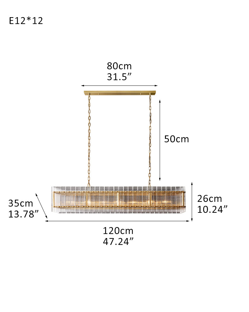 San Marco Rectangular Ribbed Glass Chandelier 40" 60" 72" in Antiqued Brass/Black Steel