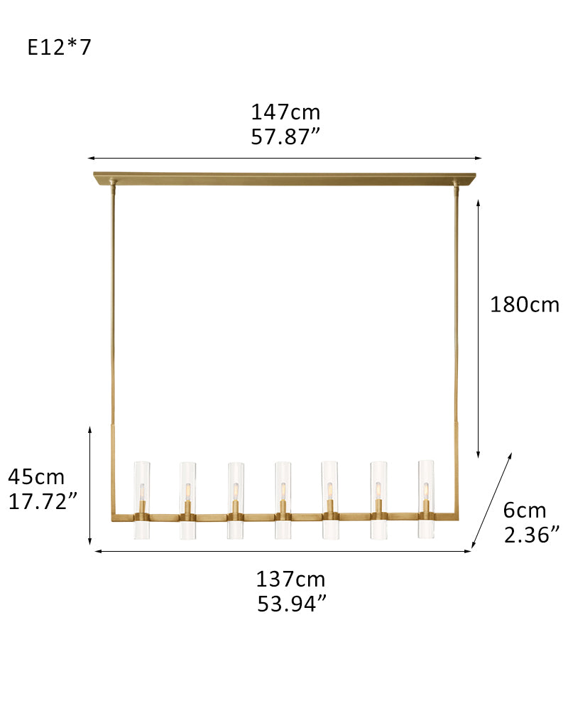 Lacquered Black/Brass Metalwork Linear Ravelle Clear Glass Chandelier Wide 54" 69" for dining room table