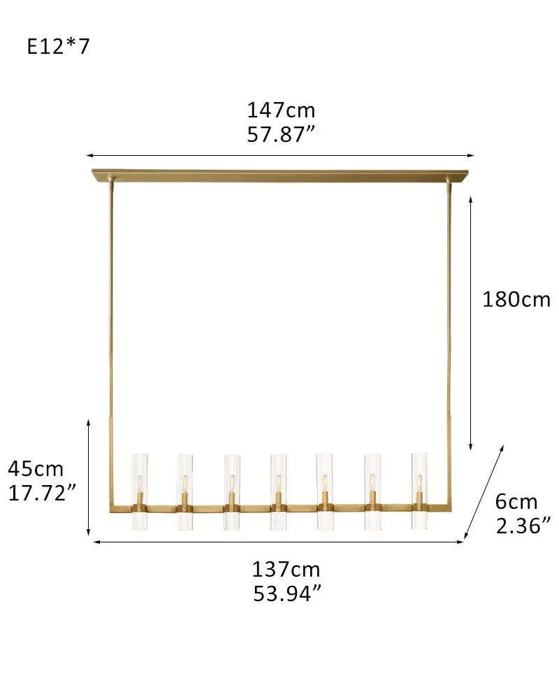 Lacquered Black/Brass Metalwork Linear Ravelle Clear Glass Chandelier Wide 54" 69" for dining room table 7-light-L137*W6*H45CM L53.94"*W2.36"*H17.72" Brass American chandelier