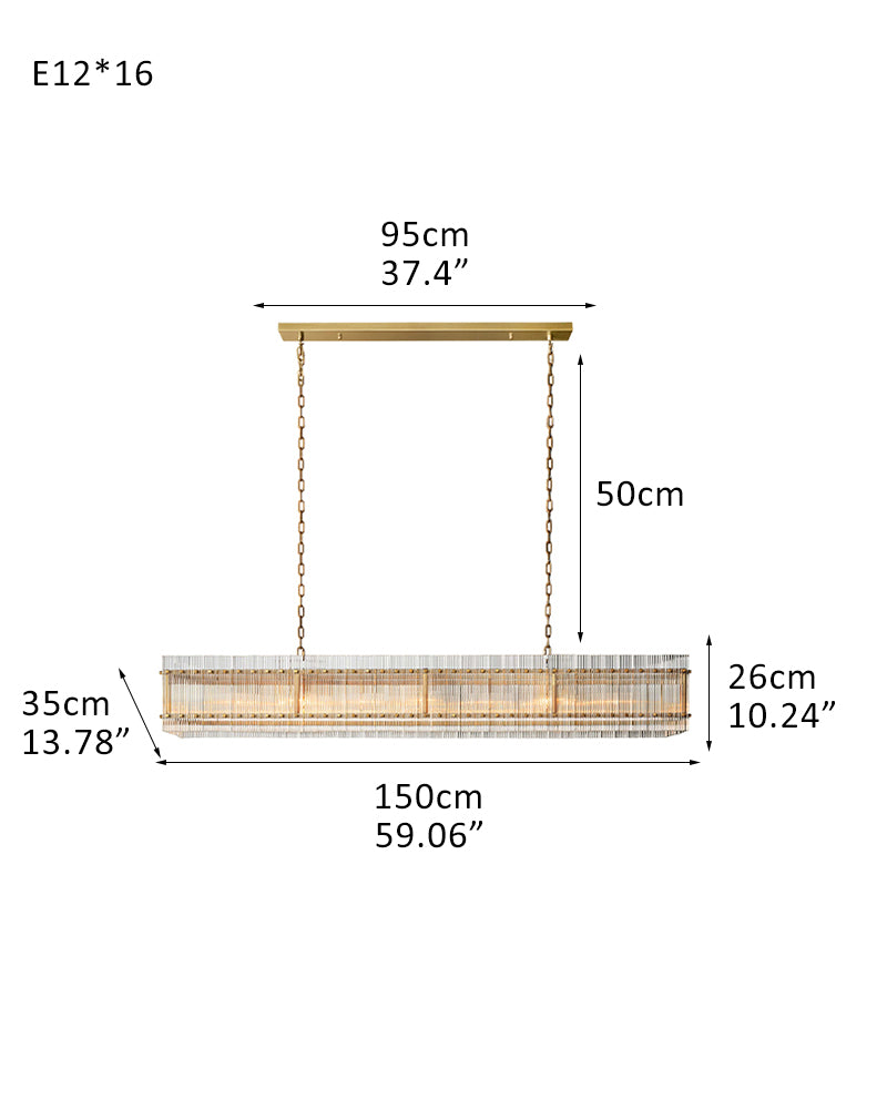 San Marco Rectangular Ribbed Glass Chandelier 40" 60" 72" in Antiqued Brass/Black Steel