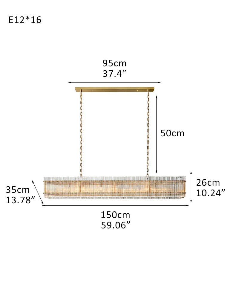 San Marco Rectangular Ribbed Glass Chandelier 40" 60" 72" in Antiqued Brass/Black Steel 16-light-L150*W35*H26CM D59.1"*W13.8"*H10.2" Brass American chandelier