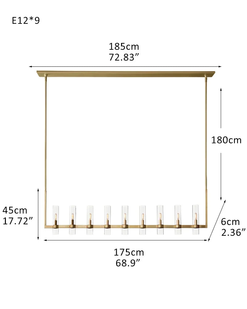 Ravelle Series Geometric Chandelier | Linear Premium hand-blown glass and solid brass construction, Lacquered black brass finish for Dining Rooms and Kitchen Islands 9-light-L175*W6*H45CM L68.9"*W2.36"*H17.72" Brass American chandelier