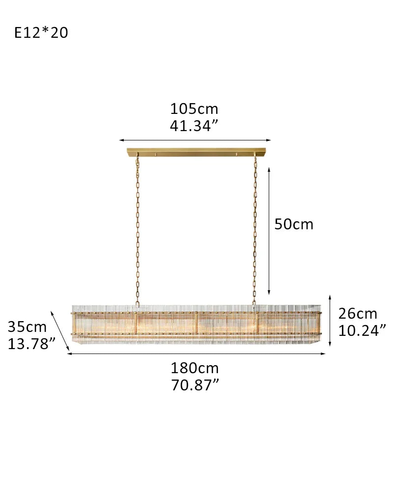 San Marco Rectangular Ribbed Glass Chandelier 40" 60" 72" in Antiqued Brass/Black Steel 18-light-L180*W35*H26CM D70.9"*W13.8"*H10.2" Brass American chandelier