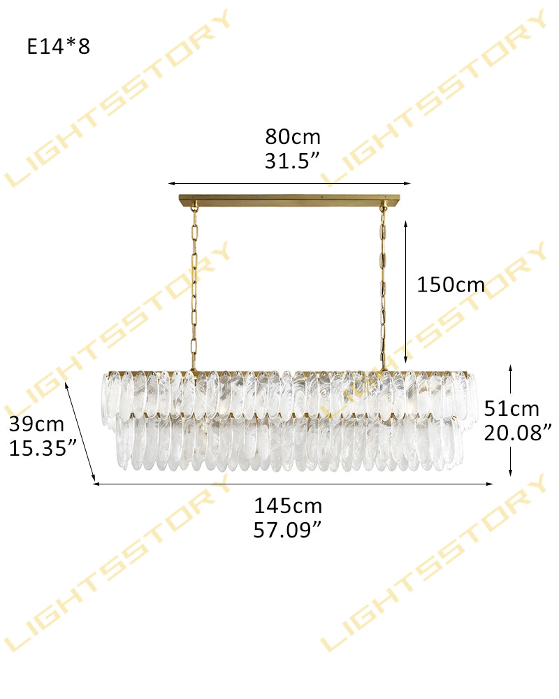 Multi-tier clear glass chandelier with brass trim, long bar and hanging crystal droplets