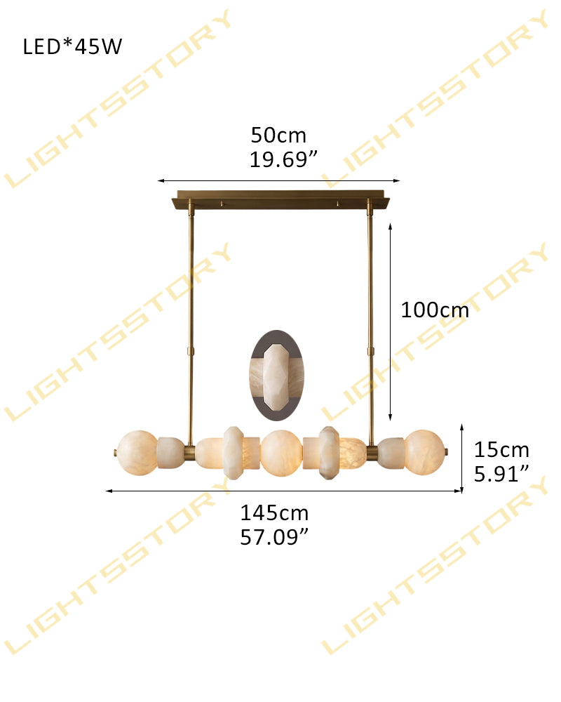 A dimension diagram of a modern linear LED pendant light fixture with multiple spherical glass shades, showing measurements of 145cm width, 100cm height, and 50cm canopy width, with a 45W LED label at the top left.