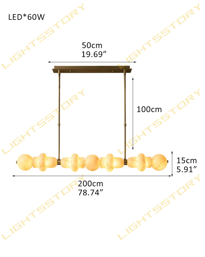 A dimension diagram of a modern linear LED pendant light fixture with decorative bulb-like ends, showing measurements of 200cm length, 100cm suspension height, and 15cm shade width on a white background with LIGHTSSTORY watermarks.