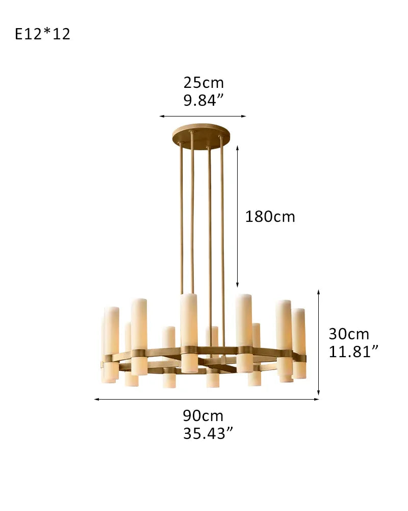 Industrial Rustic Cylinder Milk Glass Round Barn Metal Ceiling Ravelle Chandelier Brass 12-light-D90*H30CM D35.43"*H11.81" Warm Light Brass American chandelier