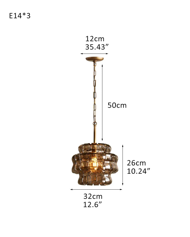 Ghiaccio Glass Round Chandelier Wide 12" in Brass/Black Aluminum Chain 3 Light-D32*H26CM D12.6"*H10" Brass + Smoke Glass American chandelier
