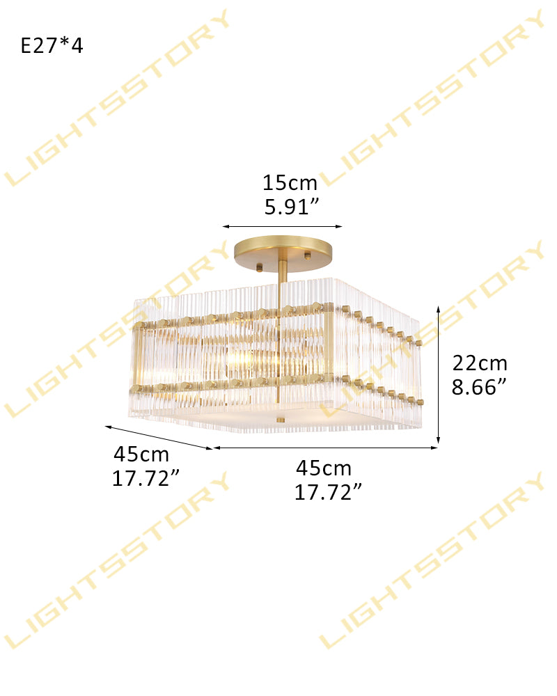 Solstice Aura Fluted Glass Square Ceiling Light - Semi Flush Mount, Lux Gold Trim - Living Rooms, Dining Rooms & Hallways
