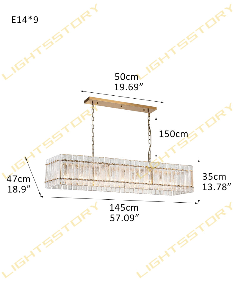 Solstice Aura Ghiaccio Glass Linear Chandelier - Lux Gold Trim - Kitchen Islands & Dining Rooms