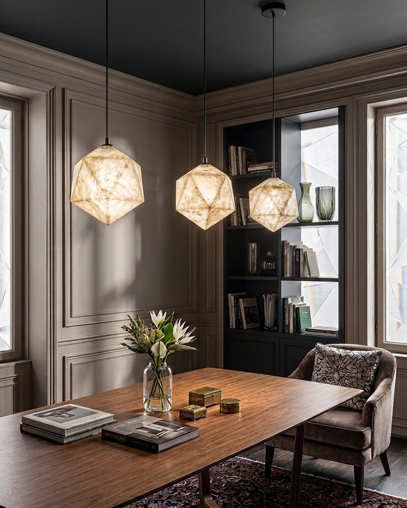 Alabaster Geometric Globe Pendant Light - Natural Spanish Alabaster, Serene Black Trim - Kitchen, Dining Room & Living Spaces