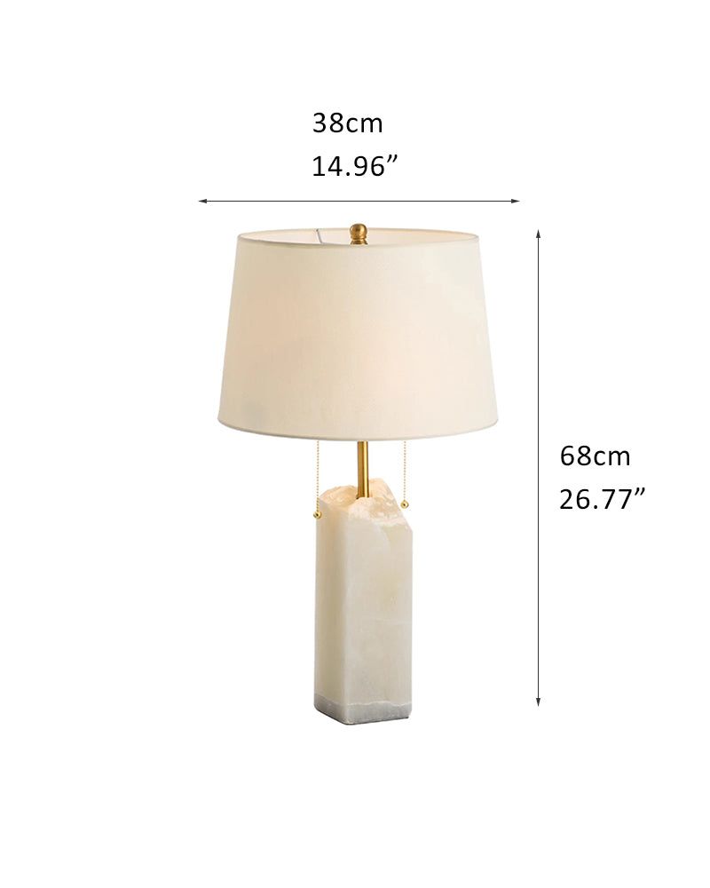 Dimensions of 15" white alabaster table lamp with linen shade: 68cm x 38cm.