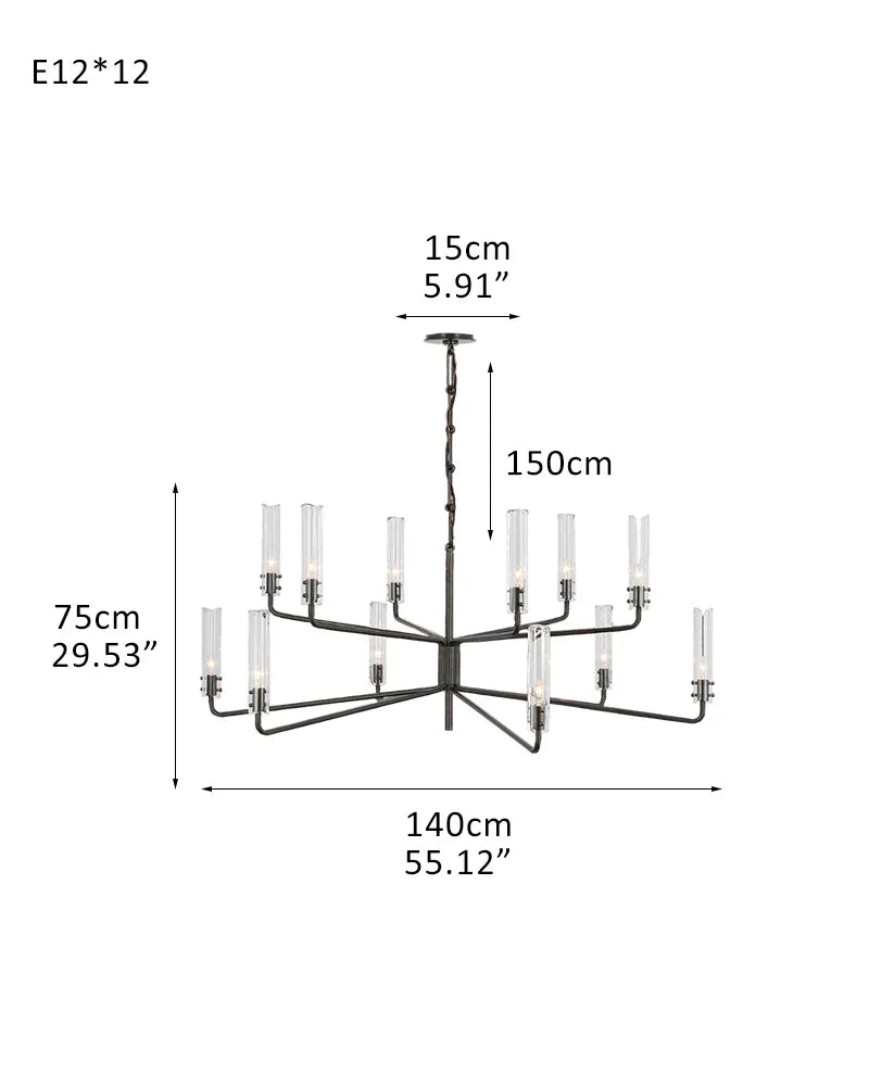 Rustic Forged Iron Casoria Two Tier Chandelier with Clear Glass Shade Use For Living Foyer 12-light-D140*H75CM D55.12"*H29.53" Black American chandelier