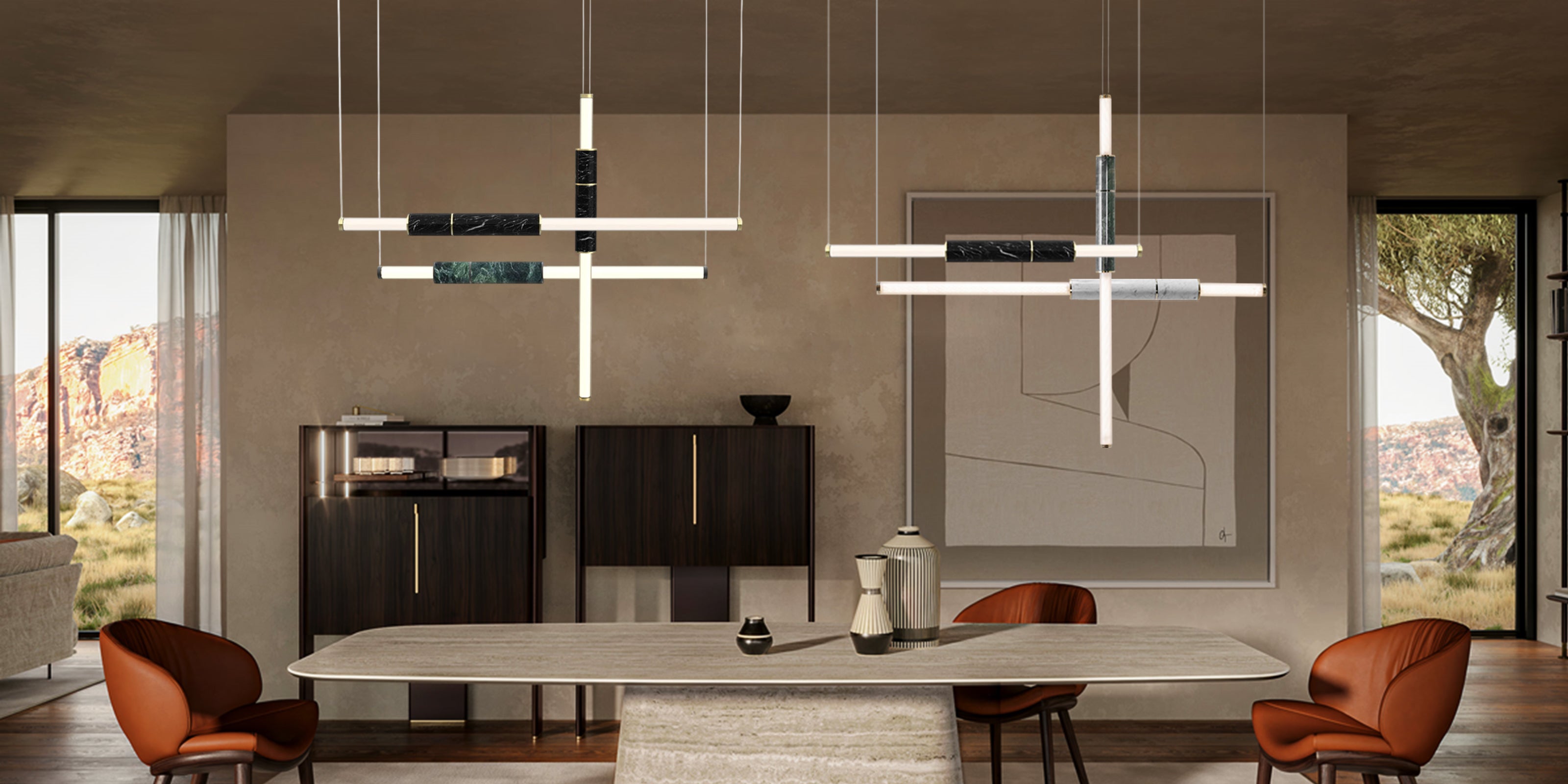 Bold architectural lines meet organic textures—modern art meets function.