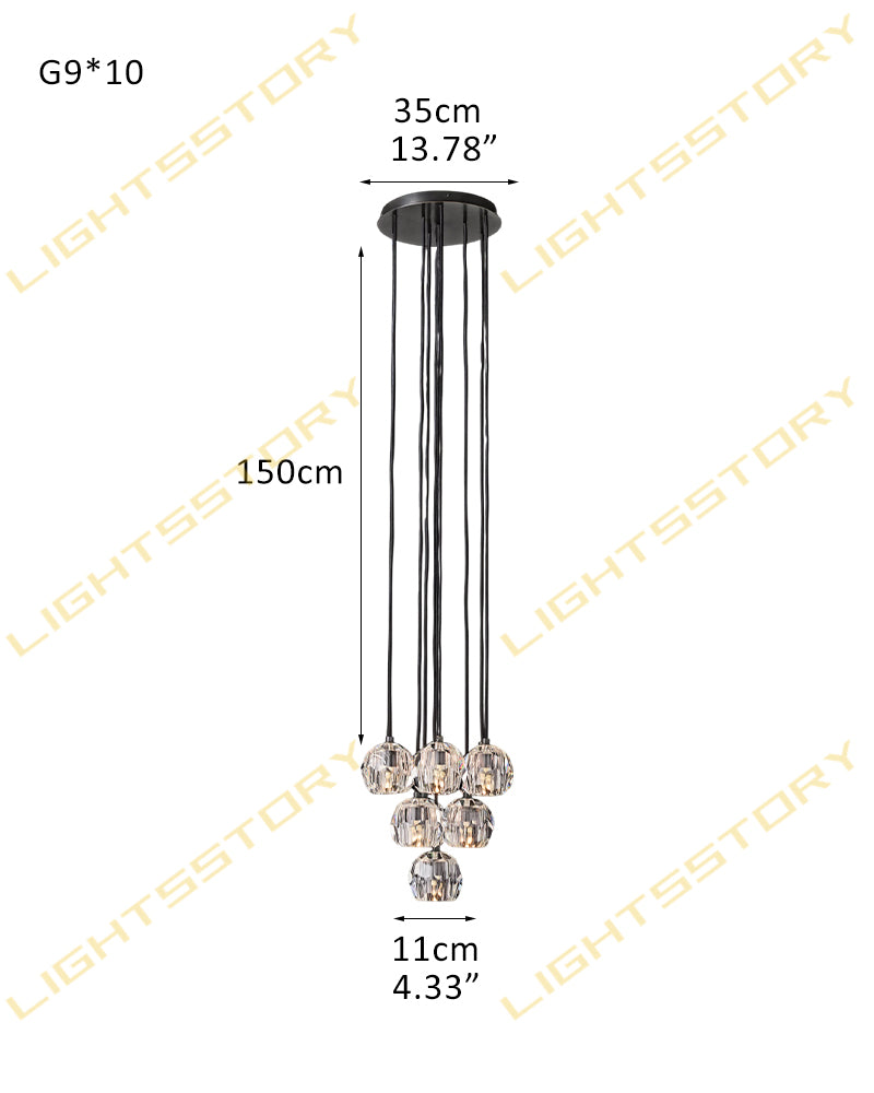 K9 Crystal Jewel Gem Prism Cluster Pendant Light - Clear Crystal Gemstones, Serene Black Trim - Lobby, Kitchens, Dining & Living Rooms