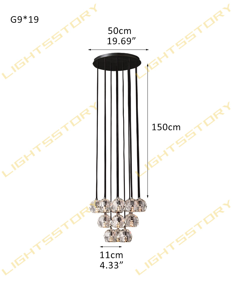 K9 Crystal Jewel Gem Prism Cluster Pendant Light - Clear Crystal Gemstones, Serene Black Trim - Lobby, Kitchens, Dining & Living Rooms