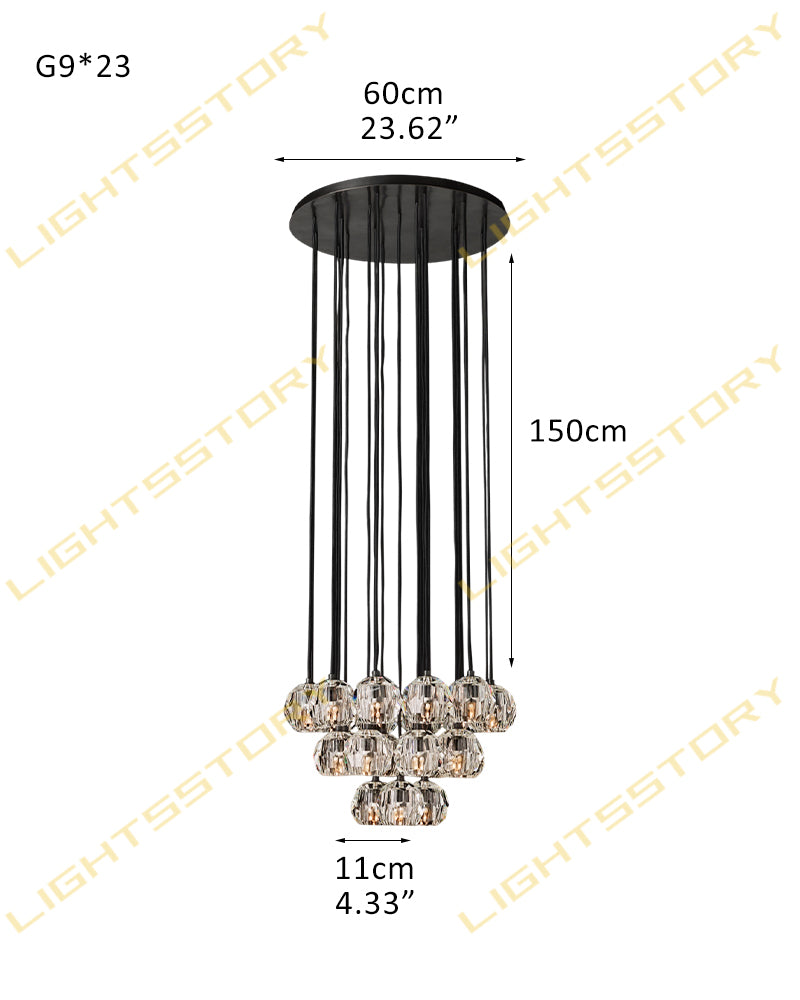 K9 Crystal Jewel Gem Prism Cluster Pendant Light - Clear Crystal Gemstones, Serene Black Trim - Lobby, Kitchens, Dining & Living Rooms