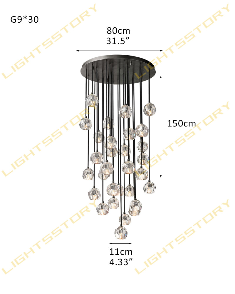 K9 Crystal Jewel Gem Prism Cluster Pendant Light - Clear Crystal Gemstones, Serene Black Trim - Lobby, Kitchens, Dining & Living Rooms
