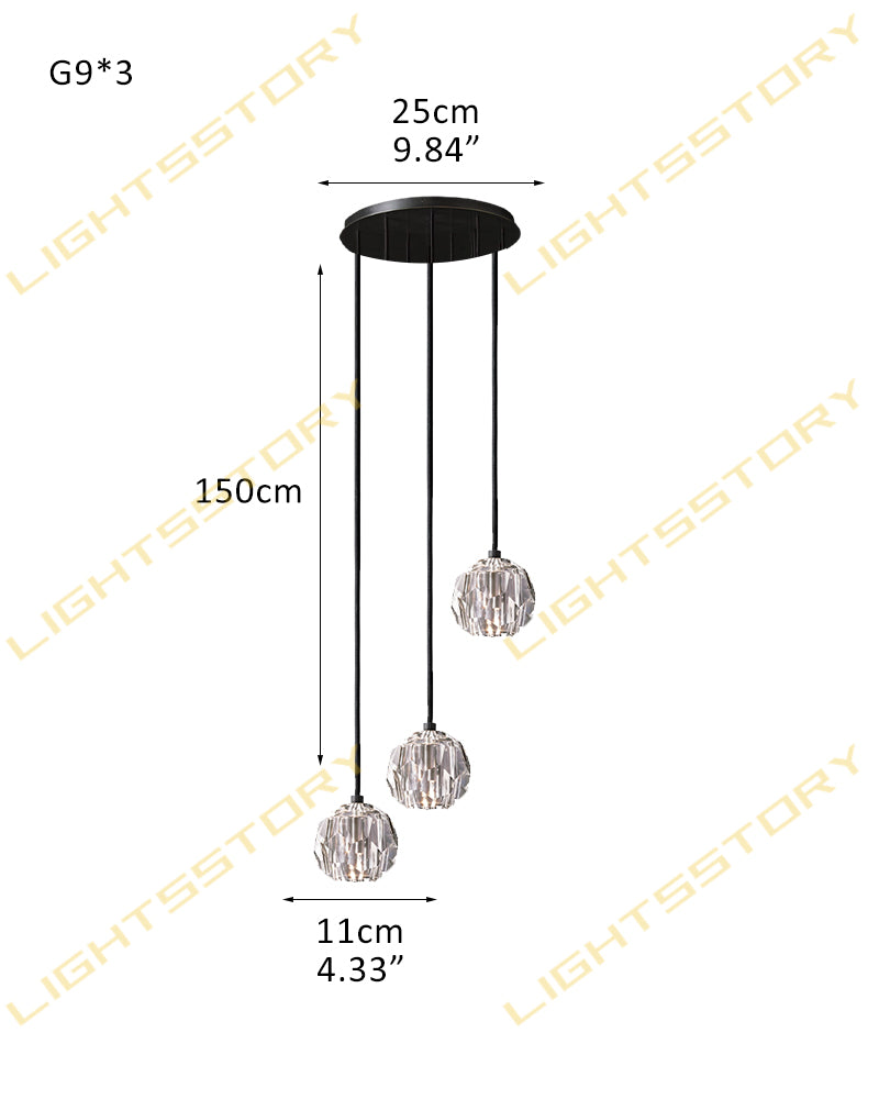 K9 Crystal Jewel Gem Prism Cluster Pendant Light - Clear Crystal Gemstones, Serene Black Trim - Lobby, Kitchens, Dining & Living Rooms