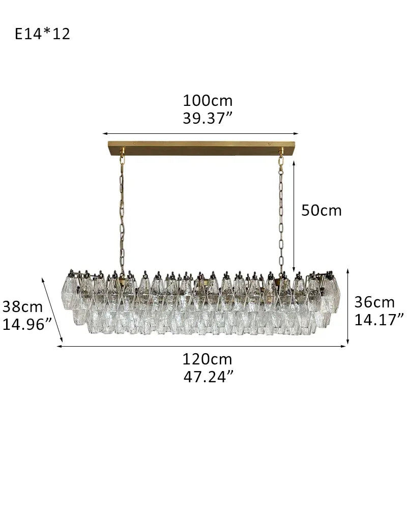 LightsStory Series Ethereal Chandelier | Rectangular Poliedri Hand-blown Murano textured glass, Plated-brass or bronze accents for Dining Rooms and Living Areas L120*W38*H36CM L47"*W15"*H14" Brass + Transparent Glass American chandelier