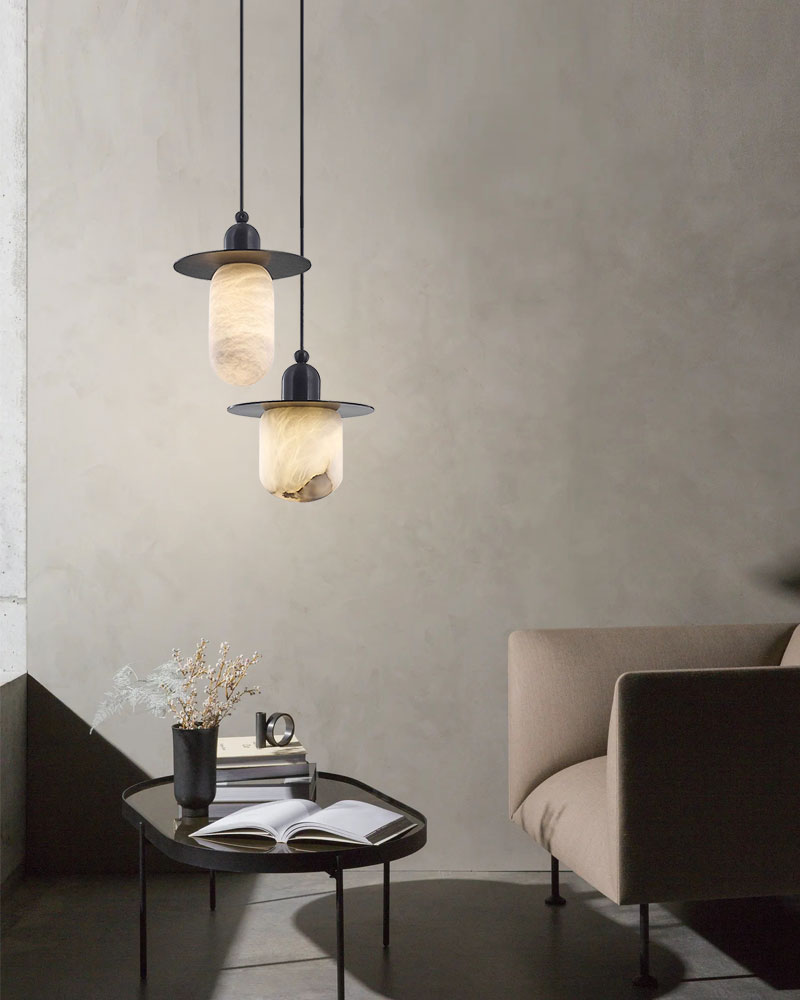 Alabaster Geometric Tiered Bell Lantern Cluster Pendant Light - Natural Spanish Alabaster Bells, Serene Black Trim - Kitchens, Dining & Living Rooms
