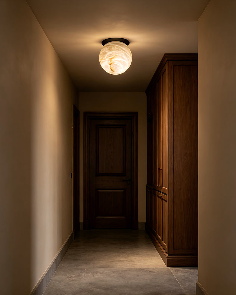 Alabaster Sphere Globe Ceiling Light - Natural Spanish Alabaster Flush Mount, Serene Black Base - Bedroom & Living Rooms