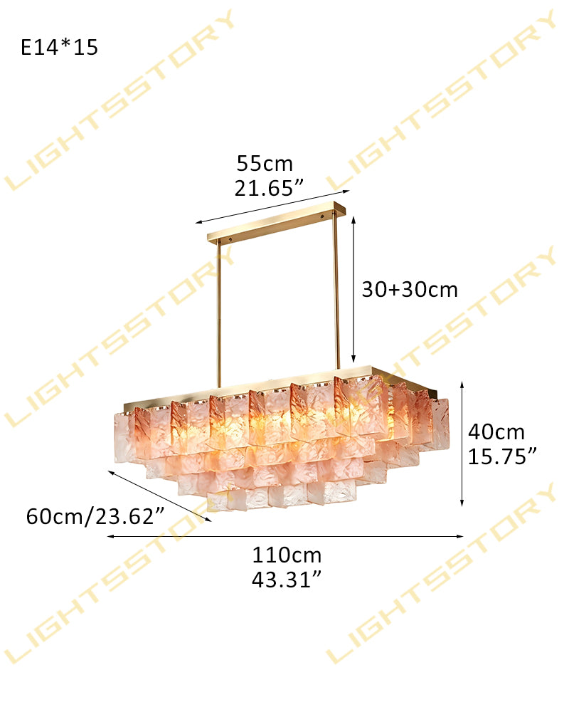 Cassis Murano Glass Multi Tiered Ghiaccio Linear Chandelier - Artisanal Textured Pink Glass, Serene Brass Trim - Kitchen Islands & Dining Rooms