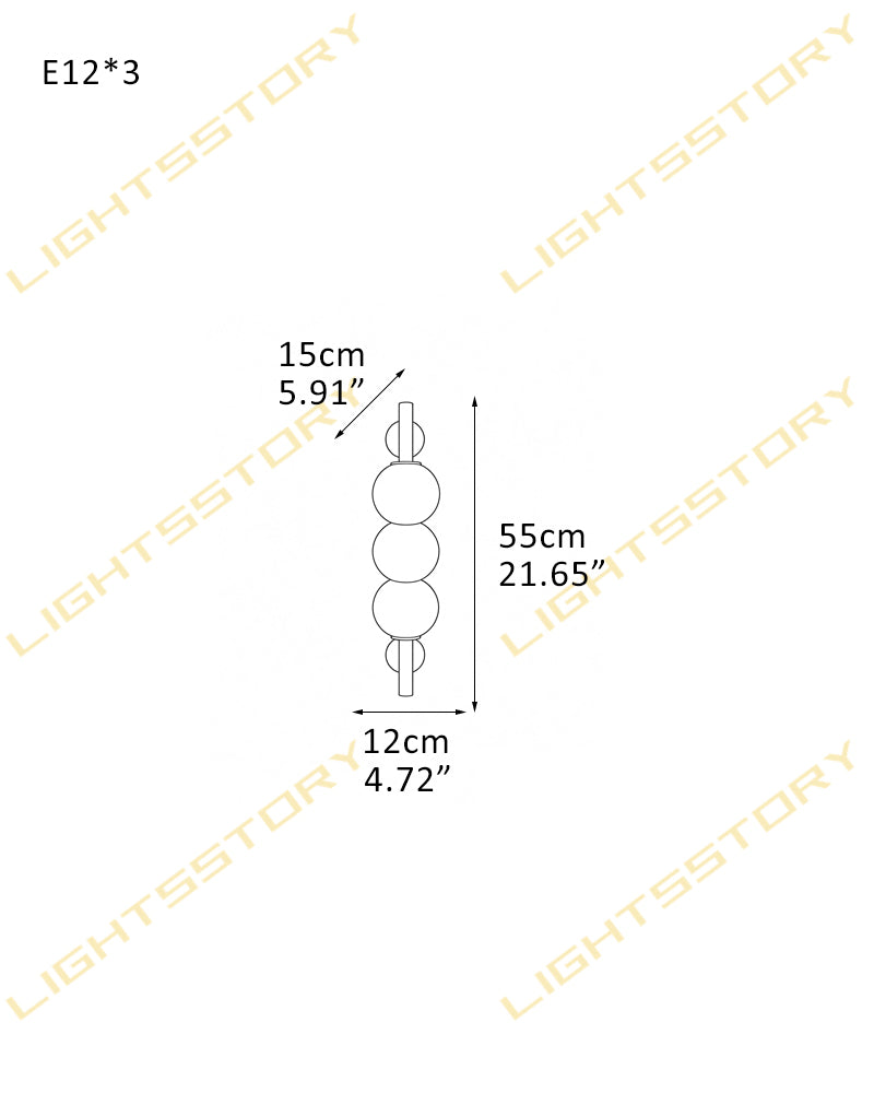 Technical dimension diagram of a 3-light linear bulb string, labeled E12*3, showing measurements of 15cm per bulb, 12cm spacing, and a total length of 55cm on a white background with diagonal LIGHTSSTORY watermarks.