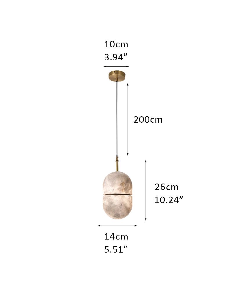 Dimensions of minimalist alabaster pendant light: 10cm width, 200cm height.