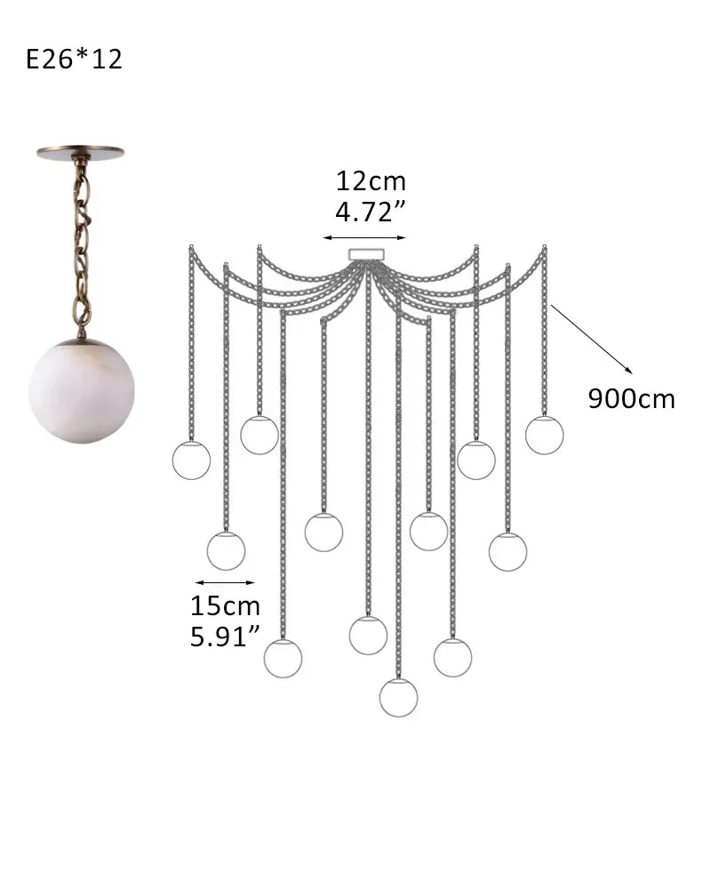 Alabaster Globe Swag Pendants Indoor Lighting with Brass/Black Chain in adjustable 12-Light-D15CM D5.91" Modern Pendant lamp