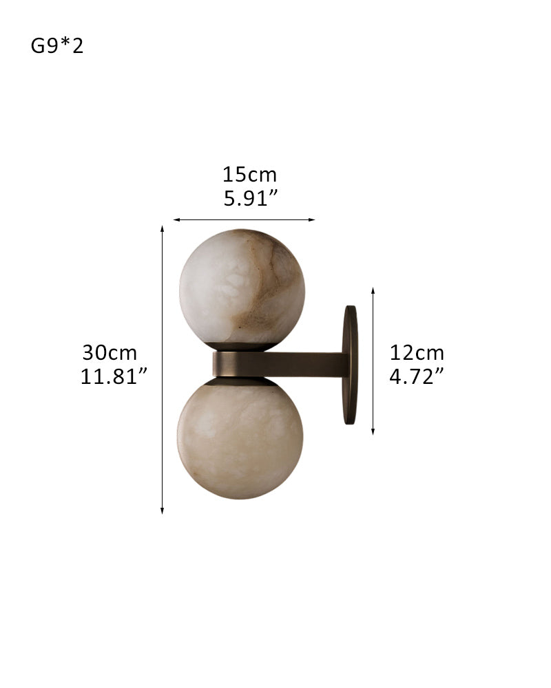 Modern LED Dual Alabaster Globe Wall Light Fixtures Wide 3" 5" | Brass/Bronze Metal