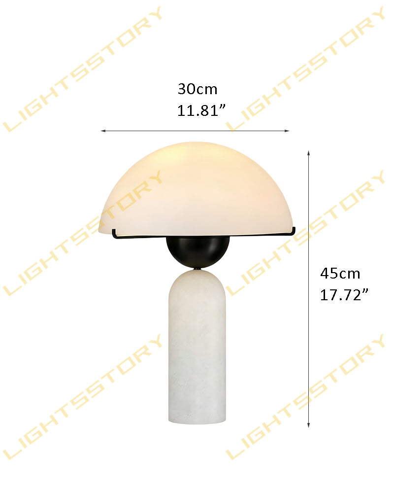Natural alabaster dome table lamp with cylindrical base and black stem mount