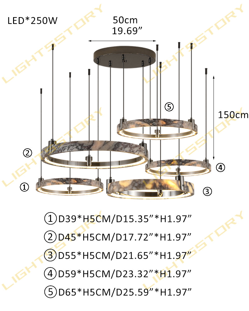 Luxury LED Double/Triple Ring Circle Marble Chandelier Aged Brass/Black Frame D39+D45+D55+D59+D65CM D15.35"+D17.72"+D21.65"+D23.23"+D25.59"-Five Black American chandelier