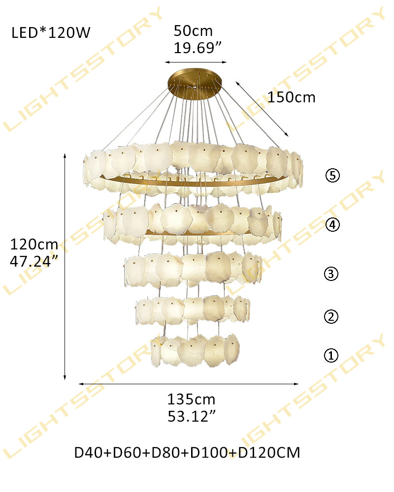Alabaster Stairwell Chandelier. Modern High Ceiling Statement Light. 5 Tier-D40+D60+D80+D100+D120CM White + Gold American Vintage chandelier lamp