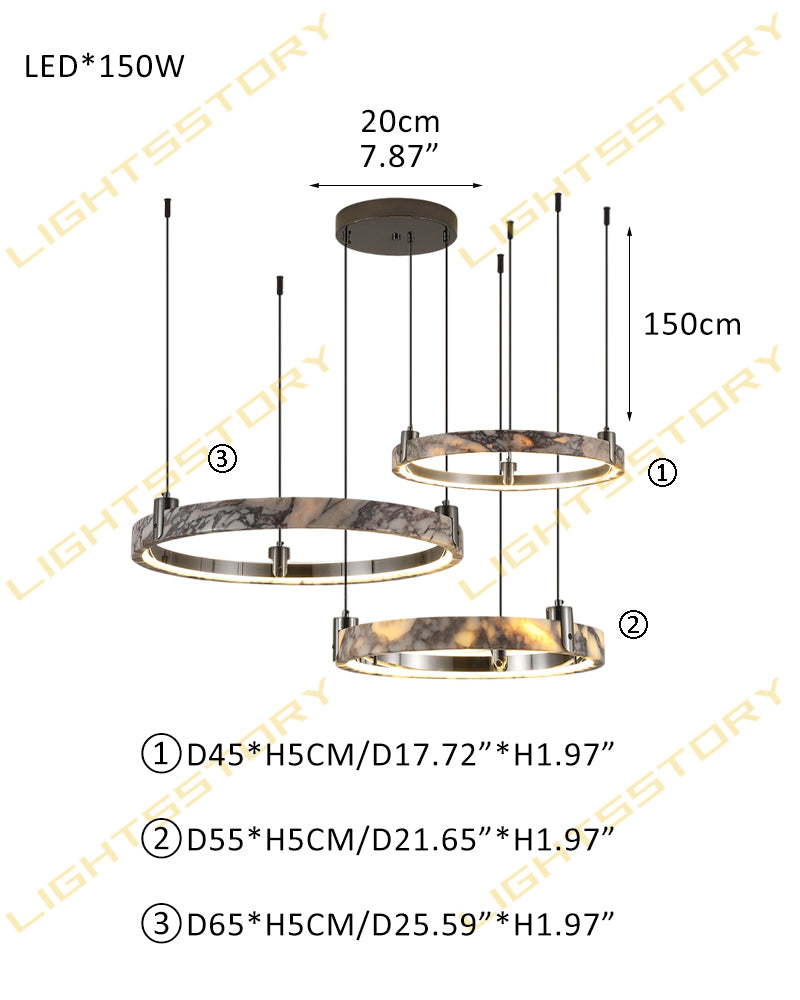 Luxury LED Double/Triple Ring Circle Marble Chandelier Aged Brass/Black Frame D45+D55+D65CM D17.72"+D21.65"+D25.59"-Triple Black American chandelier