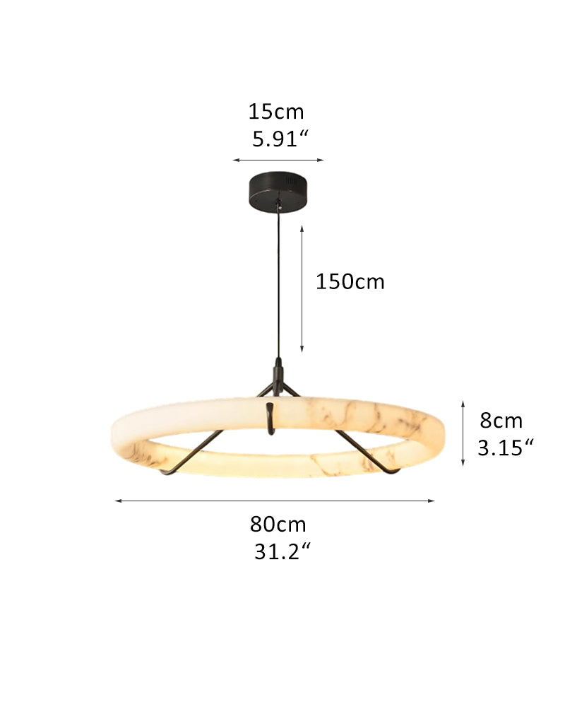 Black Metal Modern Round Ring Alabaster Pendant Light, Width 3.15"